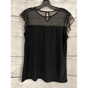 Anne Klein Black Mesh Polka Dot Flutter Sleeve Blouse Size S